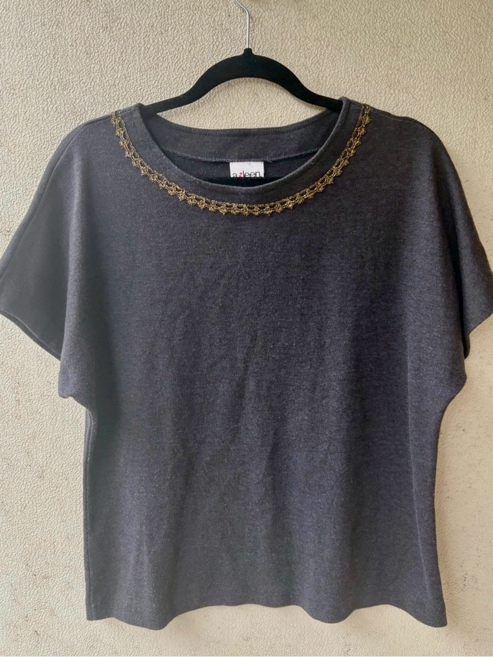 Vintage Aileen Charcoal Gray Gold Trim Boxy Tee Top L